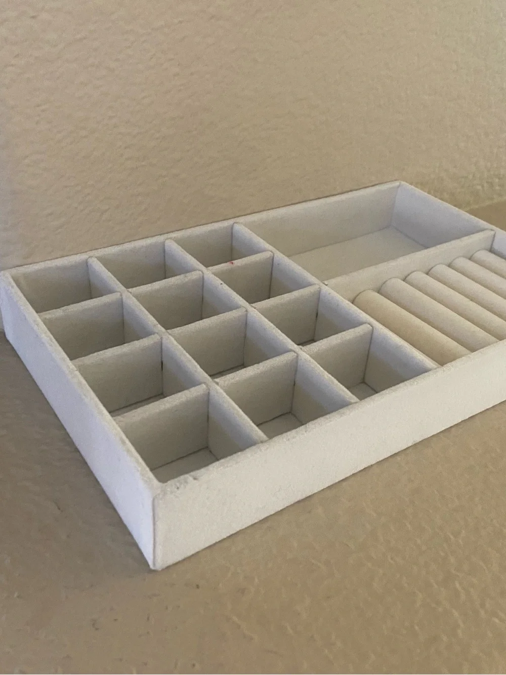 White Jewelry Organizer Tray with Ring Roll and Compartments